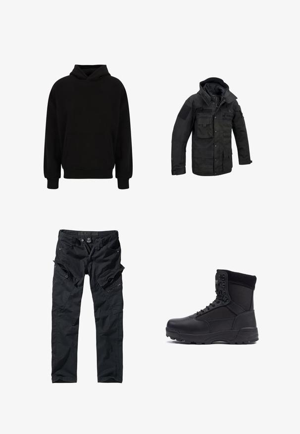 Veste tactique noire en tissu durable, dotée de multiples poches, d'une capuche ajustable et de patchs en velcro. Design structuré avec des coutures renforcées.; Hoodie noir en pullo avec une poche frontale, des poignets et un ourlet côtelés. Fabriqué en tissu doux, il présente une coupe décontractée et une capuche réglable.; Pantalons cargo noirs en tissu durable, dotés de multiples poches, de fermetures éclair et d'une taille ajustable pour un confort et une utilité optimaux.; Botte tactique noire avec une tige en cuir lisse et des panneaux en tissu, design montante, fermeture à lacets à l'avant et semelle en caoutchouc robuste.