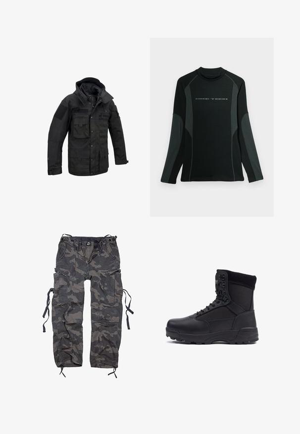 Čierna taktická bunda vyrobená z odolnej látky, ponúkajúca množstvo vreciek, nastaviteľnú kapucňu a suché zipsy. Štruktúrovaný dizajn s zosílenými švami.; Čierna polokošeľa s dlhým rukávom a vysokým golierom, vyrobená z textúrovaného materiálu. Má sivé bočné panely a logo "NIKE TECH" na hrudi.; Maskáčové cargo nohavice v odtieňoch sivej a čiernej, vyrobené z látky s jemne textúrovaným povrchom. Obsahujú viacero vreciek a viazanie na spodnej časti.; Čierna taktická bootka s hladkým koženým zvrškom a textilnými panelmi, vysoký dizajn nad členkami, šnurovanie vpredu a robustná gumová podrážka.