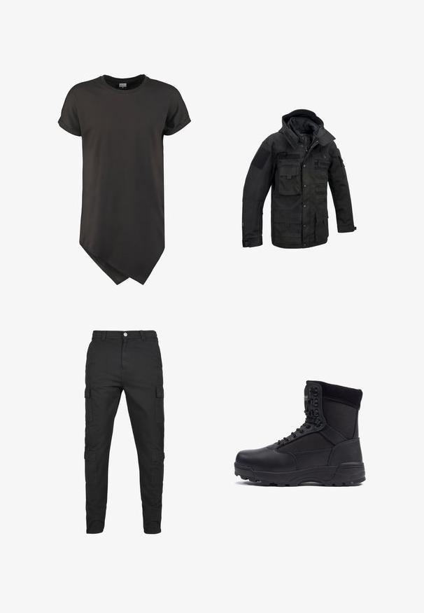 Schwarze taktische Jacke aus strapazierfähigem Stoff, ausgestattet mit mehreren Taschen, verstellbarem Kapuzen und Klettverschlüssen. Strukturierte Form mit verstärkten Nähten.; Schwarzes T-Shirt mit kurzen Ärmeln, aufgekrempelten Bündchen und asymmetrisch spitz zulaufendem Saum vorne.; Schwarze Cargo-Hosen aus strapazierfähigem Stoff. Verfügt über mehrere Seitentaschen, einen Knopfverschluss und ein tailliertes Bein-Design. Flacher Frontschnitt, keine Muster.; Schwarzer taktischer Stiefel mit einem glatten Lederoberteil und Stoffpaneelen, hoher Knöchelgestaltung, schnürbarem vorderen Teil und robustem Gummisohle.