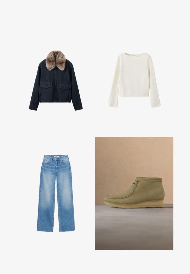 Veste en denim foncé avec un col en fausse fourrure, dotée de deux poches plaquées à l'avant et d'une fermeture éclair. Design texturé et décontracté.; Pull blanc cassé à manches longues avec un large col rond et des manches légèrement évasées, fabriqué en tissu en maille douce.; Jean bleu à coupe large avec poches avant, passants de ceinture et fermeture à boutons, présenté sur fond blanc.; Bottines en suédine beige avec un bout arrondi, des coutures minimales, un petit talon et un laçage pour un ajustement réglable.