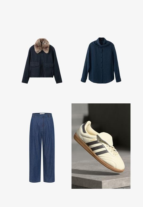Mørk denimjakke med imiteret pelskrave, der har to påsyede lommer foran og lynlås som lukning. Tekstureret, afslappet design.; Marineblå langærmet skjorte med knapper, hvide lodrette nålestriber og en bred, draperet krave.; Blå denimbukser med høj talje og vide ben, forrest med læg, bæltestropper og skjult lynlåslukning.; Cremefarvede lædersneakers med tre mørke striber, en brun gummisål og en afrundet tå. Har en foldbar tunge mærket "SAMBA."