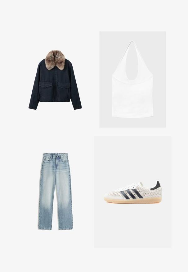 Veste en denim foncé avec un col en fausse fourrure, dotée de deux poches plaquées à l'avant et d'une fermeture éclair. Design texturé et décontracté.; Haut blanc sans manches à encolure américaine, avec un profond col rond et une taille cintrée, présenté sur un fond clair et uni.; Jeans en denim bleu clair, taille haute, avec une coupe droite. Comprend un style classique à cinq poches et une décoloration subtile sur l'avant.; Baskets en maille blanche avec un design à trois bandes noires, bout arrondi et semelle en caoutchouc gomme. Dotées d'un col de talon souple et d'une fermeture à lacets.