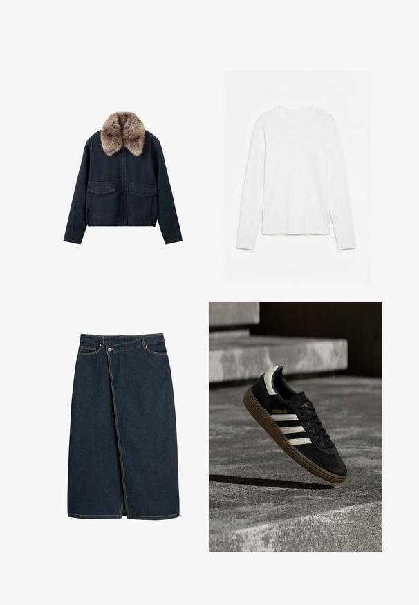 Mørk denimjakke med imiteret pelskrave, der har to påsyede lommer foran og lynlås som lukning. Tekstureret, afslappet design.; Helt hvid langærmet t-shirt med rund hals lagt fladt på en hvid overflade, der viser fronten og hele ærmelængden.; Denim nederdel i mørk navyblå, midi-længde, med et omslagdesign, synlige sømme i en kontrastfarve og en slids foran.; Sort Adidas-sneaker med hvide striber og gummisåler, svævende over grå betontrapper i naturligt lys.