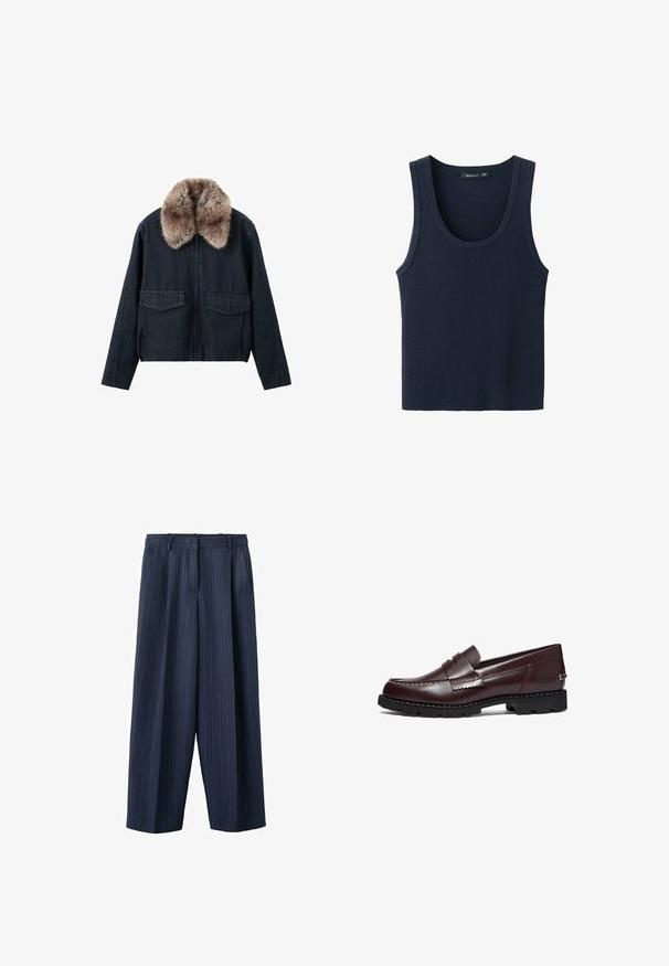 Mørk denimjakke med imiteret pelskrave, der har to påsyede lommer foran og lynlås som lukning. Tekstureret, afslappet design.; Marineblå ærmeløs tanktop lavet af ribbet stof, med rund halsudskæring og brede skulderstropper. Glat tekstur uden mønstre.; Marineblå vidde ben bukser med nålestriber, bæltestropper og sidelommer, skræddersyet med en forreste presning og lynlås lukning.; Timberland Loafers - burgundy