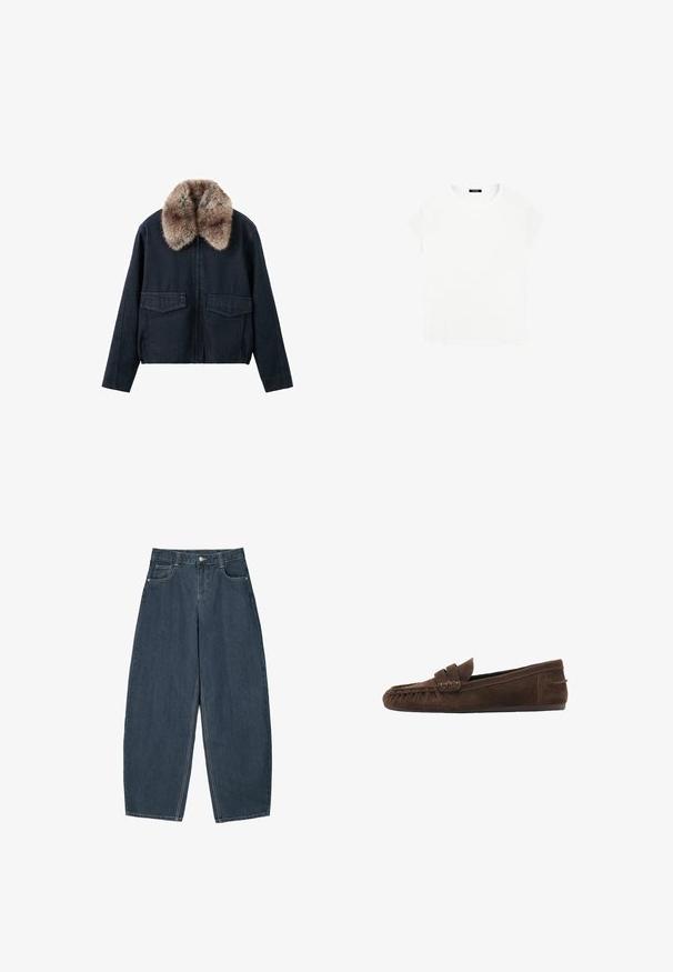 Veste en denim foncé avec un col en fausse fourrure, dotée de deux poches plaquées à l'avant et d'une fermeture éclair. Design texturé et décontracté.; T-shirt en coton blanc avec un col rond et des manches courtes. Design simple, sans motifs ni accents. Texture douce et lisse.; Jeans en denim bleu foncé à jambes larges avec une taille haute, dotés de cinq poches et de détails de couture visibles. Design épuré et minimal.; Mocassin marron en daim avec détails cousus et petit talon, présenté de profil sur fond blanc.