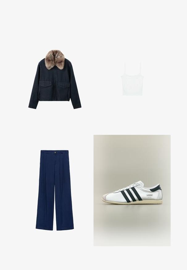 Mørk denimjakke med imiteret pelskrave, der har to påsyede lommer foran og lynlås som lukning. Tekstureret, afslappet design.; Stradivarius Top - white; Marineblå vide benbukser med knaplukning, to for-pleats og en glat tekstur. Stoffet virker let og åndbart.; Hvid Adidas Paris sneaker med sorte striber, beige sål og ruskindstipp, vist fra siden på en neutral baggrund.