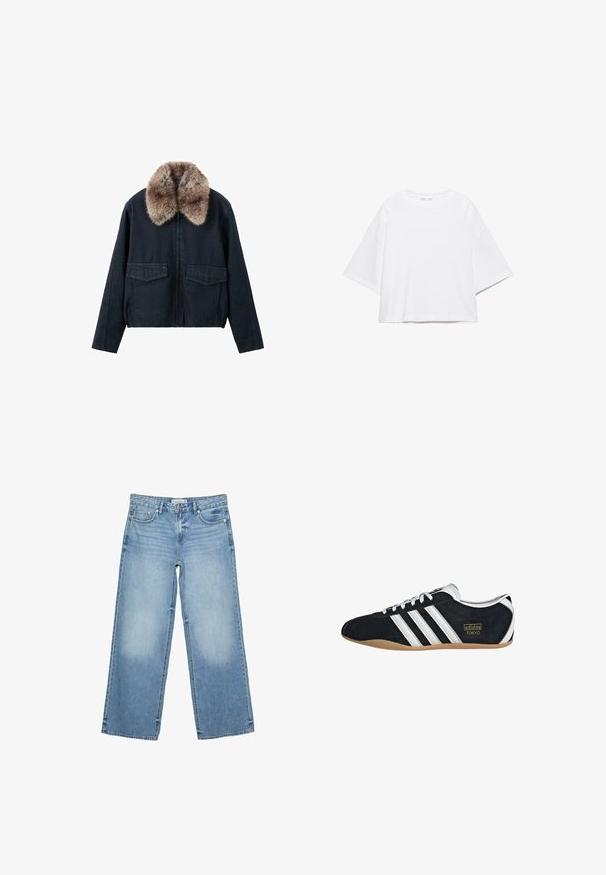 Veste en denim foncé avec un col en fausse fourrure, dotée de deux poches plaquées à l'avant et d'une fermeture éclair. Design texturé et décontracté.; T-shirt blanc à manches courtes, coupe carrée, en coton doux. Présente un col rond et des manches larges, avec un design épuré et simple.; Jean denim bleu clair à jambes larges avec cinq poches et fermeture à boutons, présenté à plat sur fond blanc.; Sneakers en suede noir avec trois bandes blanches, logo doré et semelle en caoutchouc marron. Présente un design à lacets à profil bas.