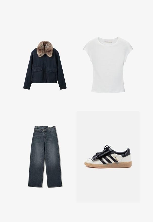 Mørk denimjakke med imiteret pelskrave, der har to påsyede lommer foran og lynlås som lukning. Tekstureret, afslappet design.; Hvid bomuld t-shirt med korte, opsmøgede ærmer, rund halsudskæring og lige kant. Glat tekstur uden synlige mønstre eller detaljer.; Mørk vaskede denim jeans med en bred benudskæring, der har høj talje, fem lommer og diskrete slidser på forsiden.; Hvid og sort Adidas Spezial-sneaker med gummisål, sorte striber og sort snørebåndsdække på en ensartet lys baggrund.