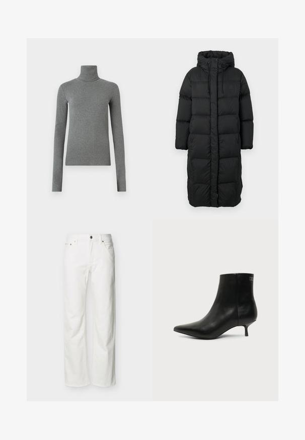 Abrigo puffer largo negro acolchado con capucha, cordones, botones a presión y cierres a presión laterales, diseñado para ofrecer calidez y protección contra las inclemencias del tiempo.; Sudadera de cuello alto gris hecha de una tela suave y elástica. Mangas largas, diseño ajustado, textura mínima, sin patrones visibles ni piezas metálicas.; Jeans blancos de pierna recta con bolsillos frontales, trabillas para cinturón, cierre de botón y costuras visibles sobre un fondo liso.; Botín de piel negra con puntera puntiaguda y tacón bajo estilo kitten sobre fondo claro, mostrando vista lateral exterior.