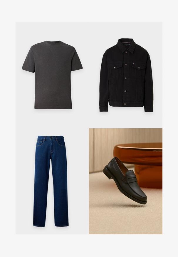 Zwarte denimjas met een kraag, twee borstzakken en knopen aan de voorkant. Gladde textuur met zichtbare stiksels en een merklogo detail.; Grijze t-shirt met korte mouwen, gemaakt van een zachte, lichte stof, met een ronde hals en minimale naden. Geschikt voor casual gebruik.; Donkerblauwe rechte denimjeans met knoopsluiting aan de voorkant, rits en ontwerp met vijf zakken tegen een witte achtergrond.; Zwarte leren herensloffen met een band over de bovenkant, getoond op een beige tapijt vlakbij een bruine moderne ronde tafel.
