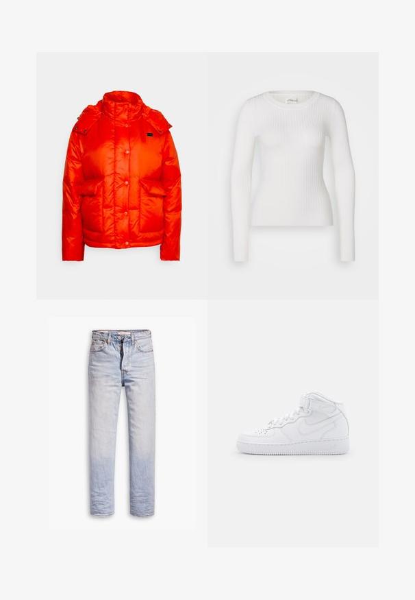 Levi's® LUNA CORE PUFFER - Winterjas - orange; Witte lange mouwen geribbelde top met een ronde hals. De stof is soepel, met een subtiele textuur en een aansluitend ontwerp. Geen zichtbare hardware of patronen.; Lichtblauwe denim jeans met een straight leg ontwerp, voorzien van een knoopgulp, vijf zakken en subtiele vervaging langs de benen.; Witte hoge sneakers van leer met een gevoerde kraag, geperforeerde neus, veters en een verstelbare enkelband; logo op de zijkant.