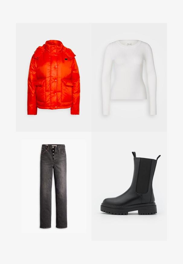 Levi's® LUNA CORE PUFFER - Χειμωνιάτικο μπουφάν - orange; Λευκό μακρυμάνικο ριπ κορμάκι με στρογγυλή λαιμόκοψη. Το ύφασμα είναι απαλό, με λεπτή υφή και εφαρμοστό σχέδιο. Δεν υπάρχουν ορατά μεταλλικά στοιχεία ή σχέδια.; Μαύρα ψηλόμεσα τζιν παντελόνια με ίσια γραμμή, φτιαγμένα από τζιν ύφασμα. Διαθέτουν κλείσιμο με κουμπιά, αλουμινένια εξαρτήματα σε χολτ κόκκινο χρώμα και αντίθετες ραφές.; RAID CHERISH - Μπότες πλατφόρμα - black
