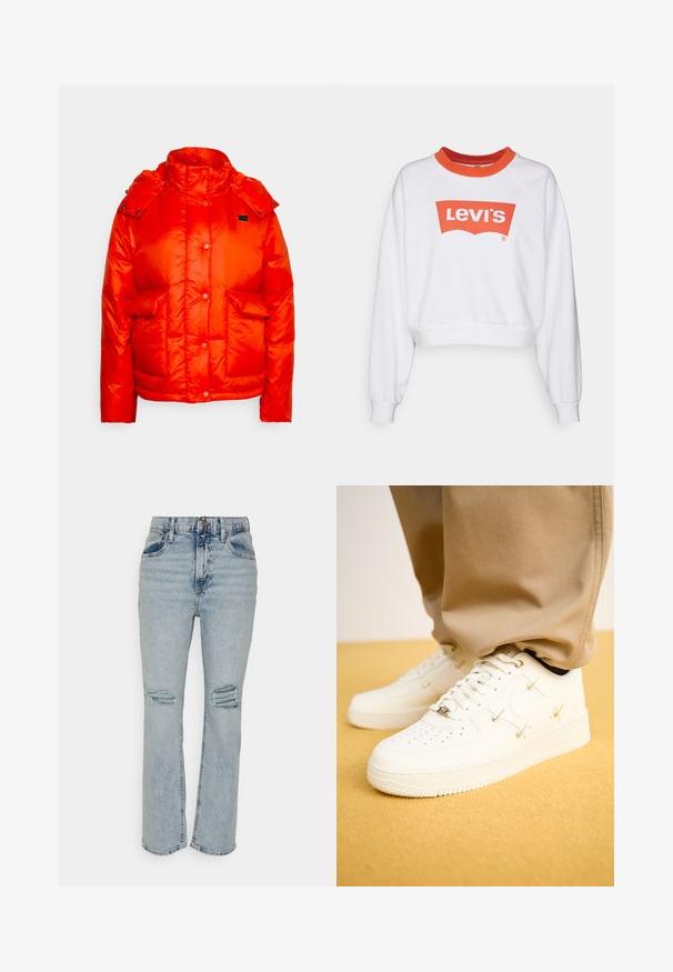 Levi's® LUNA CORE PUFFER - Winterjas - orange; Witte sweatshirt met een rode ronde hals en een groot rood Levi's-logo op de voorkant. Heeft een relaxte pasvorm en geribde manchetten.; GAP LOOSE CHRISTY - Relaxed fit jeans - light wash; Witte leren sneakers met geperforeerde neus, gouden accenten en platte veters, gecombineerd met beige broek op een gestructureerde gele ondergrond.