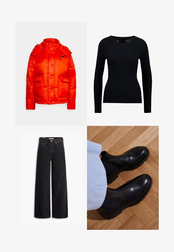 Levi's® LUNA CORE PUFFER - Winterjacke - orange; Schwarzer, gerippter Langarmpullover mit rundem Halsausschnitt und taillierter Silhouette. Die Textur ist glatt mit einem dezenten Stretch.; Schwarze weite Jeans aus Denim mit fünf Taschen, Kupferrivets und einem klassischen Knopfverschluss. Glatte Textur mit einem klaren Design.; Schwarze Knöchelstiefel aus glattem Leder mit elastischen Seiteneinsätzen, einer strukturierten Gummisohle und kontrastierenden Nähten entlang der Kante.