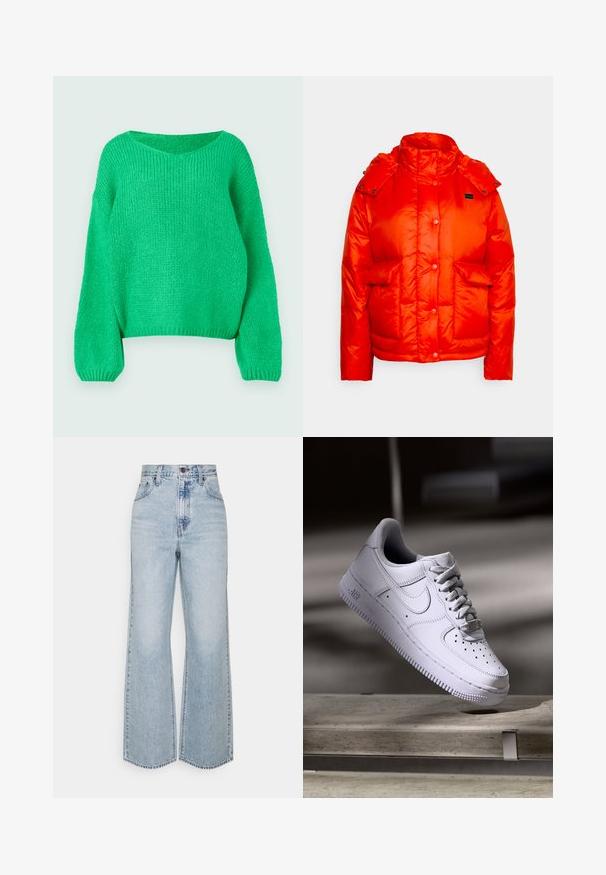 Levi's® LUNA CORE PUFFER - Winterjas - orange; Groene gebreide trui met een losse pasvorm, brede halslijn en lange mouwen. De textuur is geribbeld en heeft een chunky stekenpatroon.; Lichtblauwe denim broek met wijde pijpen, hoge taille, klassiek vijfzakkenontwerp en contrasterende stiksels. Rauwe zoom aan de onderkant.; Witte Nike Air Force 1 sneaker die zweeft boven een betonnen oppervlak met schaduwen in een minimalistische setting.