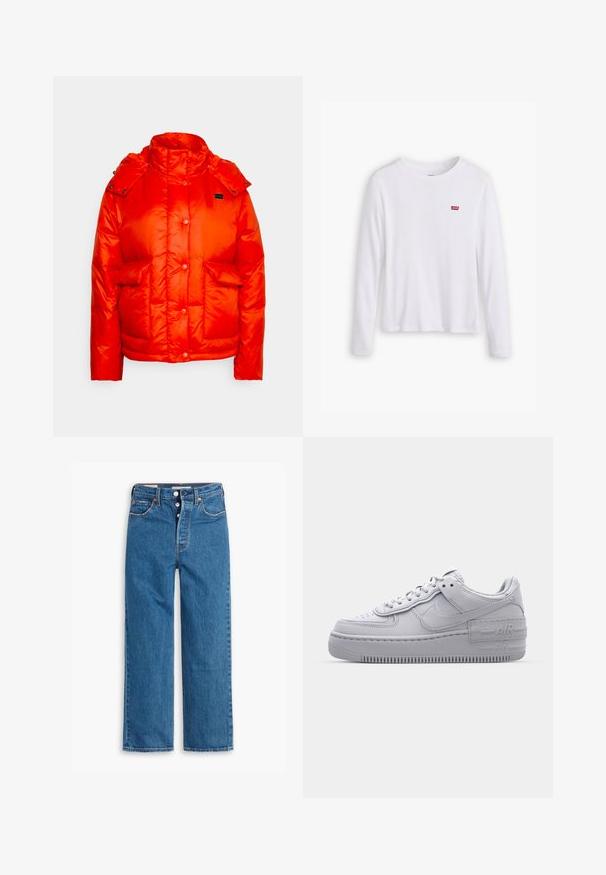Levi's® LUNA CORE PUFFER - Zimná bunda - orange; Biela košeľa s dlhým rukávom vyrobená z mäkkého bavlneného materiálu. Na ľavej strane hrude je malá červená nášivka Levi's. Klasický dizajn s okrúhlym výstrihom.; Modré denimové rovné nohavice s vysokým pásom, dizajnom s piatimi vreckami a gombíkovým zapínaním. Výrazné švy a hnedé nitové nitovanie.; Šedé tenisky Nike Air Force 1 s perforovanou špičkou, hladkým koženým zvrškom, hrubou podrážkou a embosovaným detailom 'AIR' na päte.