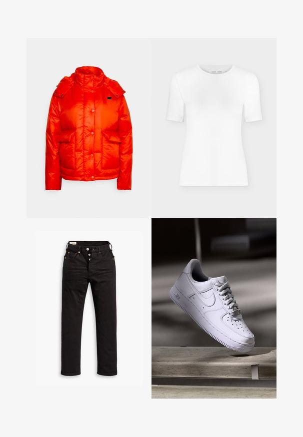 Levi's® LUNA CORE PUFFER - Winterjas - orange; Wit T-shirt met korte mouwen en een ronde hals, een slanke pasvorm en geribbelde stof, weergegeven op een effen lichtgrijze achtergrond.; Zwarte rechtlopende jeans met knoopsluiting, voor- en achterzakken, en koperen klinknagels op een witte achtergrond.; Witte Nike Air Force 1 sneaker die zweeft boven een betonnen oppervlak met schaduwen in een minimalistische setting.