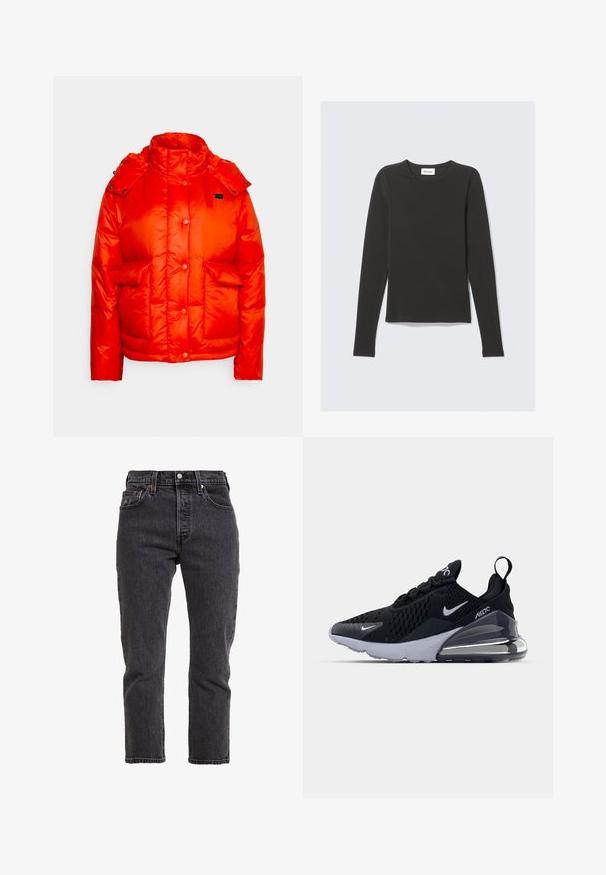 Levi's® LUNA CORE PUFFER - Winterjas - orange; Zwart T-shirt met lange mouwen en ronde hals, slim fit, plat gelegd op een lichtgrijze achtergrond.; Zwarte denimjeans met een rechte pijp, hoge taille, vijf zakken en metalen knoopsluiting. Subtiele textuur en stikseldetails.; Zwarte sport sneaker met een mesh bovenkant, voorzien van een witte swoosh logo, zichtbare Air eenheid en een gestructureerde buitenzool. Accenten zijn onder andere een trekhaak aan de achterkant.
