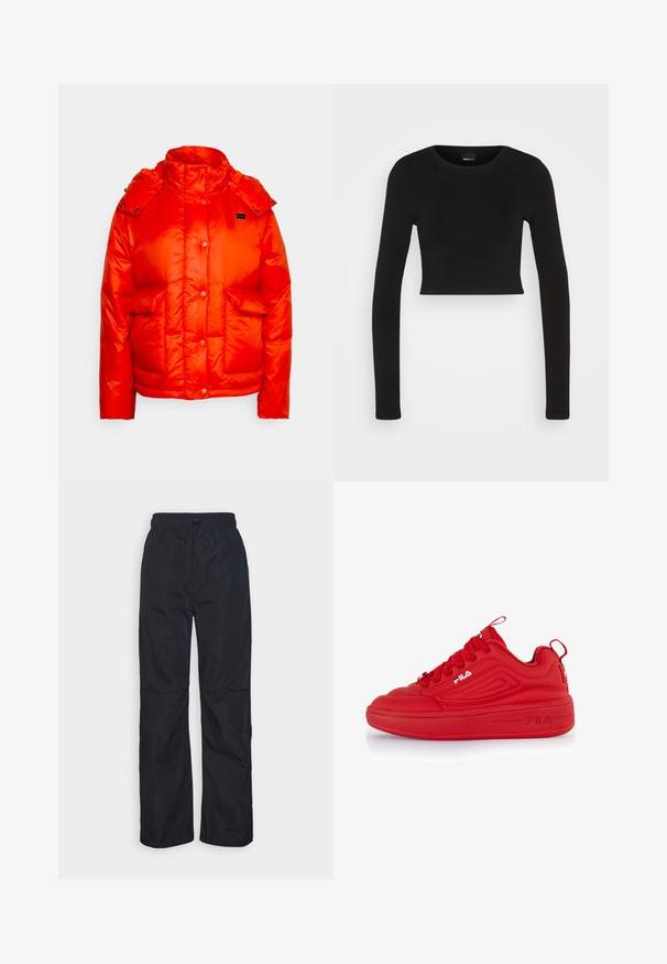 Levi's® LUNA CORE PUFFER - Veste d'hiver - orange; Gina Tricot LONGSLEEVE - T-shirt à manches longues - black; Even&Odd by Zalando Pantalon classique - dark blue; Baskets rouges au design épuré, en matériau synthétique. Dotées d'un bout rond, d'une semelle épaisse, d'accents texturés et d'un logo de marque bien visible.