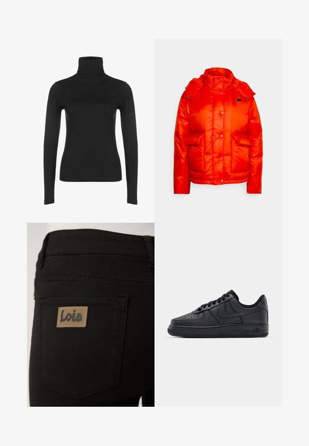 Levi's® LUNA CORE PUFFER - Χειμωνιάτικο μπουφάν - orange; Μαύρο μακρύ μανίκι τοπ με ψηλό λαιμό, κατασκευασμένο από λεία, ελαστική ύλη. Διαθέτει ψηλό γιακά και εφαρμοστή σιλουέτα, χωρίς ορατά μοτίβα ή διακοσμητικά στοιχεία.; Μαύρα τζιν από τζιν ύφασμα με μια απλή πίσω τσέπη που φέρει ένα ανοιχτό καφέ ορθογώνιο ετικέτα με ανάγλυφη την επιγραφή "Lois." Ομαλή υφή και κλασικός σχεδιασμός.; Μαύρα δερμάτινα αθλητικά παπούτσια με τρυπητό μπροστινό μέρος, επίπεδα κορδόνια και ελαστική σόλα. Διαθέτουν μικρό λογότυπο στο πλάι και υφασμάτινη λεπτομέρεια.