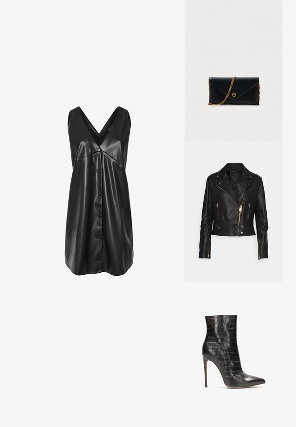 Chaqueta de moto de cuero negro con cremallera asimétrica, múltiples bolsillos con cremallera y detalles de botones a presión, con un diseño corto y textura suave.; Vestido negro sin mangas de cuero sintético con escote en V, botonadura en la parte frontal y dobladillo ligeramente acampanado.; Botines de cuero negro hasta el tobillo con textura de cocodrilo, punta afilada y un alto tacón stiletto, con un acabado brillante.; Clutch sobre de cuero negro con una cadena dorada y un emblema dorado. Presenta una textura suave y una forma estructurada.