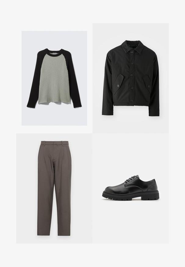 Veste noire courte en tissu lisse. Présente un devant à boutons, un col pointu et deux poches angulaires sur les côtés.; Pull côtelé vert et noir à manches longues, col rond, tissu texturé et couleurs contrastées. Style décontracté, coupe ample.; Jack & Jones JPSTBILL JJDAYTONA WIDE CHINO - Chino - pavement; Chaussures en cuir noir avec un bout rond, un laçage et une semelle en caoutchouc épaisse et texturée. Présente des coutures le long du bord et une finition lisse.