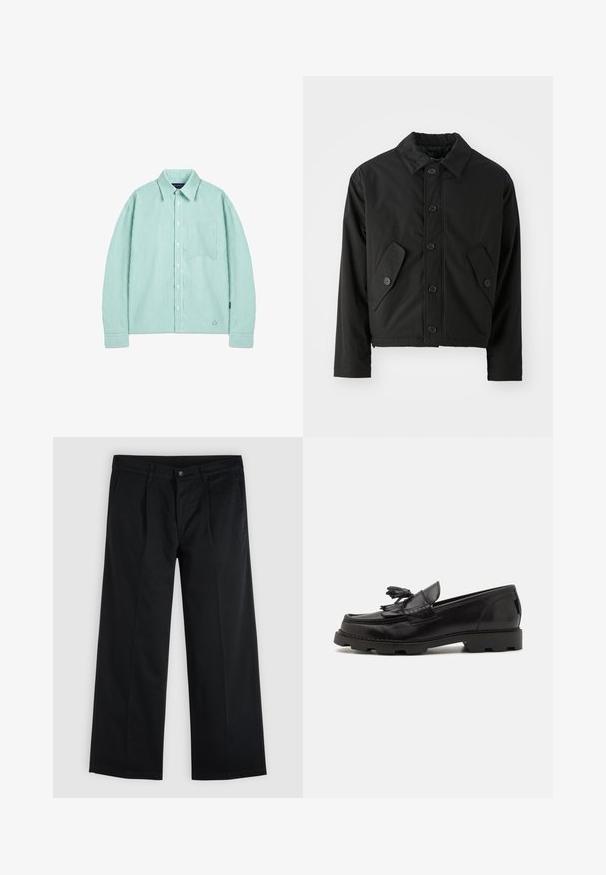 Veste noire courte en tissu lisse. Présente un devant à boutons, un col pointu et deux poches angulaires sur les côtés.; Chemise à manches longues avec boutons, rayures verticales vert clair et blanches, poche poitrine et col classique, posée à plat sur un fond blanc.; Pantalon noir droit avec fermeture à bouton et zip à l'avant, poches latérales et passants de ceinture sur un fond clair uni.; Mocassin en cuir noir avec un design de loafer, featuring un frange décoratif et un gland, une surface texturée et une semelle en caoutchouc épaisse.