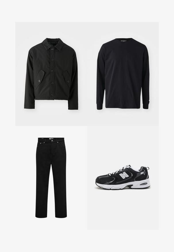 Veste noire courte en tissu lisse. Présente un devant à boutons, un col pointu et deux poches angulaires sur les côtés.; T-shirt noir à manches longues en coton, avec un col rond et une coupe droite, présentant un petit logo sur la manche.; Jeans noirs à jambes droites avec poches avant, passants pour ceinture, fermeture par bouton et détails de coutures visibles.; Baskets de sport noires et grises avec un tige en mesh et en suède, présentant une semelle intermédiaire blanche, des lacets et un logo "N" audacieux sur le côté.
