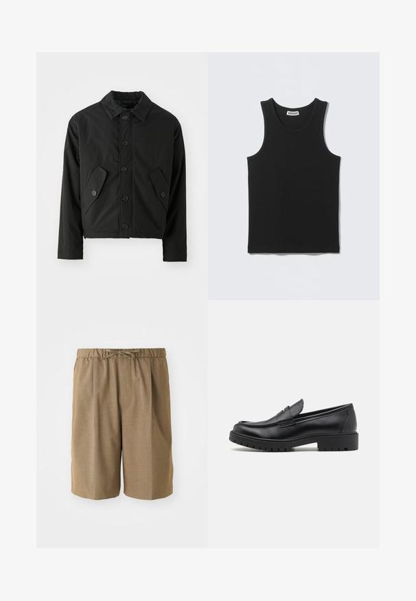 Veste noire courte en tissu lisse. Présente un devant à boutons, un col pointu et deux poches angulaires sur les côtés.; Débardeur noir sans manches en côtes, col rond et étiquette de la marque Weekday à l'intérieur du col au dos.; Shorts plissés marron avec une taille élastique et un cordon de serrage ajustable. Fabriqués dans un tissu léger et lisse avec des jambes droites.; Mocassins en cuir noir avec un bout arrondi, un design à enfiler et une semelle en caoutchouc épaisse avec une texture antidérapante. Talon surélevé et détails de surpiqûre subtils.