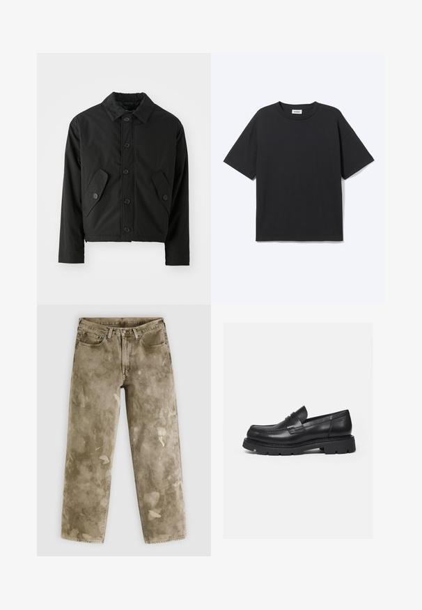 Veste noire courte en tissu lisse. Présente un devant à boutons, un col pointu et deux poches angulaires sur les côtés.; T-shirt noir à manches courtes avec col rond, coupe décontractée, vue de face, design uni et étiquette de la marque Weekday visible à l’intérieur du col.; Jean large couleur kaki avec une texture usée, présentant des éclaboussures de peinture claires et un design à cinq poches. Confectionné en denim.; Mocassin en cuir noir avec semelle épaisse crantée et détail de bride penny, présenté en profil droit sur fond blanc.