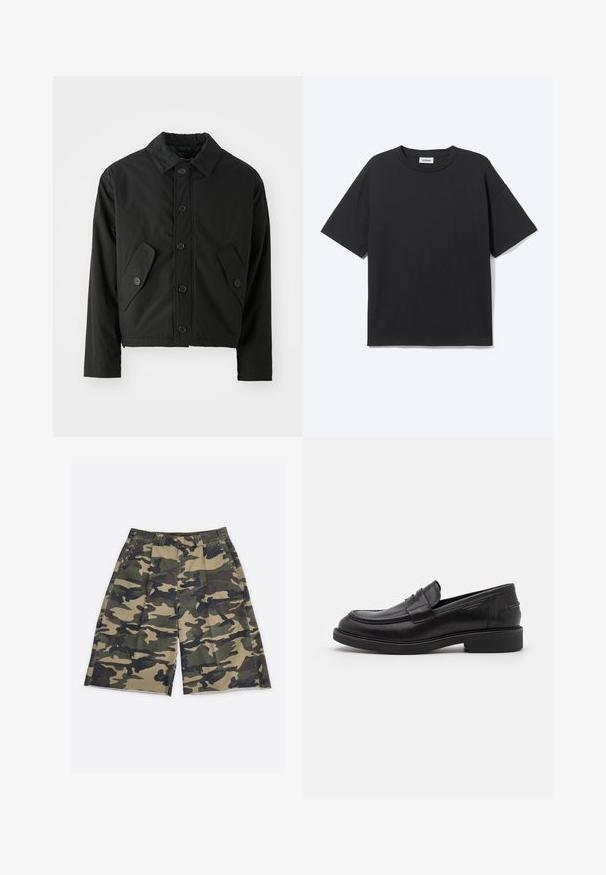 Veste noire courte en tissu lisse. Présente un devant à boutons, un col pointu et deux poches angulaires sur les côtés.; T-shirt noir à manches courtes avec col rond, coupe décontractée, vue de face, design uni et étiquette de la marque Weekday visible à l’intérieur du col.; Shorts mi-longs à motif camouflage avec passants de ceinture, plis à l'avant et poches latérales sur fond blanc.; Mocassins en cuir noir avec un bout arrondi, des coutures ton sur ton et un détail de sangle à l'avant. Semelle en caoutchouc avec un petit talon.
