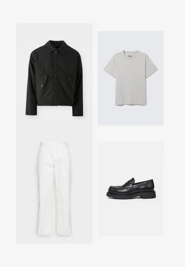 Chaqueta corta negra hecha de tela suave. Presenta un cierre frontal con botones, un collar puntiagudo y dos bolsillos en ángulo a los lados.; Camiseta de algodón gris claro con cuello redondo y mangas cortas, que presenta un diseño minimalista y un corte relajado. Sin estampados ni acentos.; Pantalones de algodón blancos con un diseño de pierna recta, presillas para el cinturón y bolsillos laterales, con una textura suave y un detalle mínimo.; Mocasín negro de cuero con suela gruesa y acanalada y detalle de tira para moneda, mostrado en perfil lateral derecho sobre fondo blanco.
