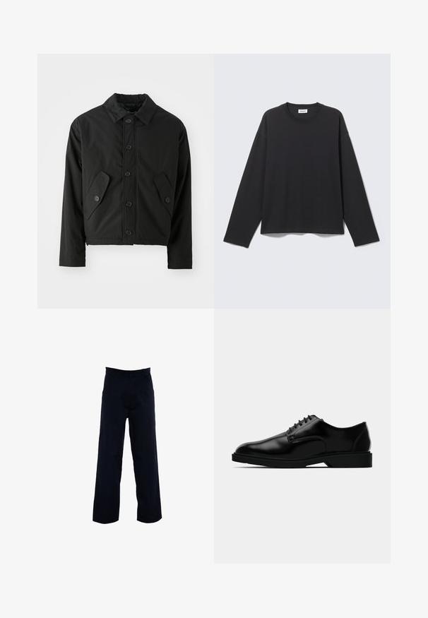 Chaqueta corta negra hecha de tela suave. Presenta un cierre frontal con botones, un collar puntiagudo y dos bolsillos en ángulo a los lados.; Camisa negra de manga larga con cuello redondo, con un diseño simple y holgado, mostrada plana sobre un fondo gris claro.; Pantalones oscuros de navy con un diseño de pierna recta, confeccionados con una tela suave, que cuentan con bolsillos laterales y una cintura clásica.; Zapato de vestir de cuero negro con un acabado liso, puntera redondeada, diseño de cordones y suela de goma discreta para mayor tracción.
