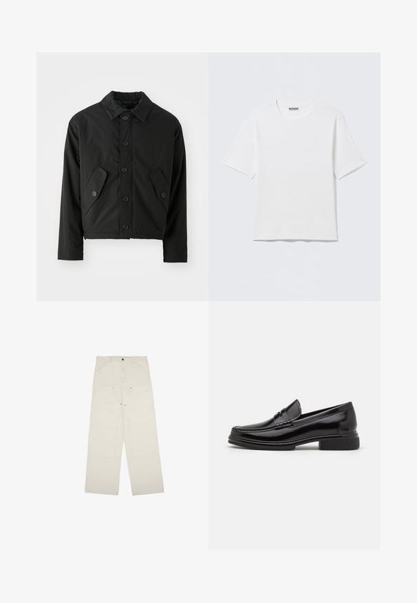Veste noire courte en tissu lisse. Présente un devant à boutons, un col pointu et deux poches angulaires sur les côtés.; T-shirt blanc uni à manches courtes et col rond, avec une petite étiquette "WEEKDAY" à l'intérieur du col arrière, présenté à plat.; Pantalons larges beige clair en coton, dotés de poches avant, d'une fermeture à un bouton et de détails de couture visibles.; Mocassins en cuir noir avec un embout arrondi, présentant un détail cousu sur le dessus, et un petit talon carré. Texture lisse et finition brillante.
