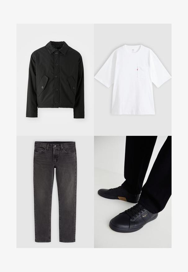 Chaqueta corta negra hecha de tela suave. Presenta un cierre frontal con botones, un collar puntiagudo y dos bolsillos en ángulo a los lados.; Camiseta blanca de algodón con mangas cortas, cuello redondo y bolsillo en el pecho izquierdo. Presenta una pequeña etiqueta con logo rojo en el bolsillo.; Vaqueros negros de denim con pierna recta, cierre de botón y cremallera, bolsillos delanteros y traseros, y trabillas para cinturón.; Zapatillas de cuero negro con un diseño elegante, que presentan una superficie texturizada, punta redonda y cordones negros. Detalle del logo en dorado en el lateral.