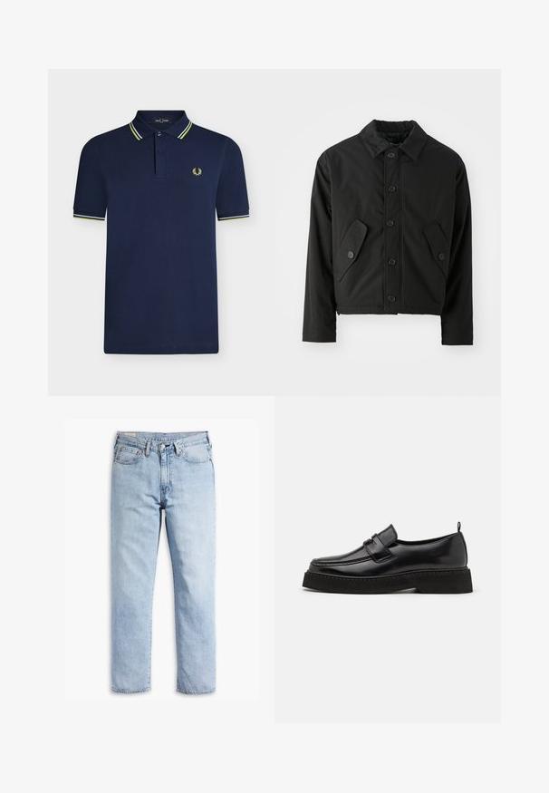 Veste noire courte en tissu lisse. Présente un devant à boutons, un col pointu et deux poches angulaires sur les côtés.; Polo bleu marine à manches courtes avec patte à deux boutons, col et poignets rayés, et petit logo laurier jaune sur la poitrine.; Jean en denim bleu clair avec une coupe droite, style cinq poches et des détails de couture solides. Doté d'une fermeture éclair et d'un bouton en métal.; Chaussures en cuir noir de style mocassin avec une semelle plate et texturée, présentant un bout piqué et une sangle traversant le cou-de-pied.