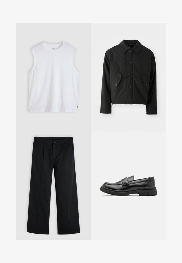 Veste noire courte en tissu lisse. Présente un devant à boutons, un col pointu et deux poches angulaires sur les côtés.; T-shirt blanc sans manches à col rond avec une petite étiquette logo Levi's sur la couture latérale, présenté sur un fond clair uni.; Pantalon noir droit avec fermeture à bouton et zip à l'avant, poches latérales et passants de ceinture sur un fond clair uni.; Mocassin en cuir noir avec une large sangle sur le devant, semelle en caoutchouc à épaisse rainure, et texture lisse. Design classique et élégant.