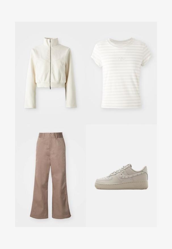 Κοντό μπουφάν φλις σε κρεμ χρώμα με ψηλό γιακά, μπροστινό φερμουάρ, ριγέ τελείωμα και διακριτικό λογότυπο στο στήθος; λεία υφή και σύγχρονος σχεδιασμός.; Λευκό κοντομάνικο μπλουζάκι με ρίγες από μαλακό βαμβάκι. Διαθέτει στρογγυλή λαιμόκοψη και μικρή κεντημένη λογότυπο Nike στο στήθος.; Καφέ βαμβακερά παντελόνια σε φαρδιά γραμμή με ψηλή μέση, μπροστινές τσέπες και λεία υφή. Το τελείωμα είναι ελαφρώς φαρδύ.; Χαμηλού τύπου μπεζ δερμάτινο sneaker με τρουκς στο λογότυπο Nike swoosh, διάτρητη μύτη και παχιά λαστιχένια σόλα με τη λέξη "AIR" στο πλάι.