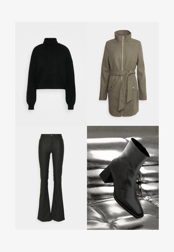 Vero Moda Tall VMPOPALLY ZIP JACKET - Manteau court - peat melange; Pull en laine noir court avec col roulé haut, texture côtelée et manches larges. Fabriqué en matière tricot douce. Design simple sans motifs.; ONLY Tall ONLGAIA ROCK LIFE - Pantalon classique - black; Botte noire à la cheville en matériau brillant avec un bout carré et un talon effilé, sur un fond argenté brillant et capitonné.
