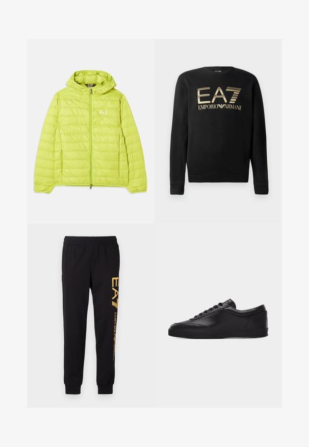 Limegroene pufferjack met een capuchon. Voorzien van een ritssluiting aan de voorkant, een gewatteerde textuur en een EA7-logo op de linkerkant van de borst. Lichtgewicht ontwerp.; Zwart sweatshirt met ronde hals, voorzien van het gouden EA7 Emporio Armani-logo op de borst. Zachte stof met geribbelde mouwen en onderrand.; Zwarte trainingsbroek van zacht materiaal, met een elastische tailleband en cuffed enkels. Gele branding die verticaal op het linkerpijp is gedrukt.; Zwarte lage leren sneaker met vetersluiting aan de voorkant en een platte rubberen zool, gezien van de zijkant tegen een effen witte achtergrond.