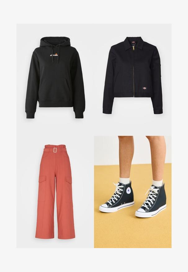 Schwarze kurz geschnittene Jacke aus robustem Stoff, mit einem Reißverschluss auf der Vorderseite, Seitentaschen und einem kleinen Logopatch auf der linken Seite.; Schwarze Kapuzenjacke mit einer vorderen Tasche, Kordelzugkapuze und einem kleinen bunten Logo auf der Brust. Hergestellt aus glattem, weichem Stoff mit gerippten Bündchen.; 87Origins PAPER BAG TROUSERS - Cargohose - salmon; Dunkelblaue Canvas-Hochschuhe mit weißen Gummisohlen, Schnürsenkeln und Akzenten. Mit einem runden Logo und weißen Nähdetails.
