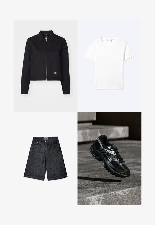 Schwarze kurz geschnittene Jacke aus robustem Stoff, mit einem Reißverschluss auf der Vorderseite, Seitentaschen und einem kleinen Logopatch auf der linken Seite.; Einfaches weißes T-Shirt mit kurzen Ärmeln und Rundhalsausschnitt sowie kleinem "WEEKDAY"-Etikett im Nacken, flach auf einem hellen Hintergrund präsentiert.; Schwarze Denim-Shorts mit lockerer Passform, ausgestattet mit einem Knopf- und Reißverschluss, fünf Taschen und einem rohen Saum.; Schwarzer und silberner Nike Laufschuh, der über Betontreppen schwebt und im Außenbereich detailliertes Design und strukturierte Sohle zeigt.