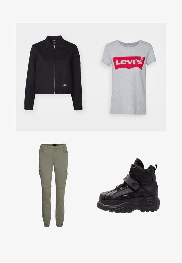 Zwarte kortgebroken jas van stevig materiaal, met een rits aan de voorkant, zijzakken en een klein logo-patch aan de linkerkant.; Grijze katoen t-shirt met een groot rood Levi's logo over de borst, met een klassieke ronde hals en korte mouwen.; Olijf groene cargobroek van een duurzame katoenmix met taps toelopende boorden, meerdere zakken en knievouwen voor extra bewegingsvrijheid.; Zwarte hoge sneakers met een dikke rubberen zool, leren bovenwerk, veters en klittenbandsluitingen, en gedetailleerde zijkanten met textuur.