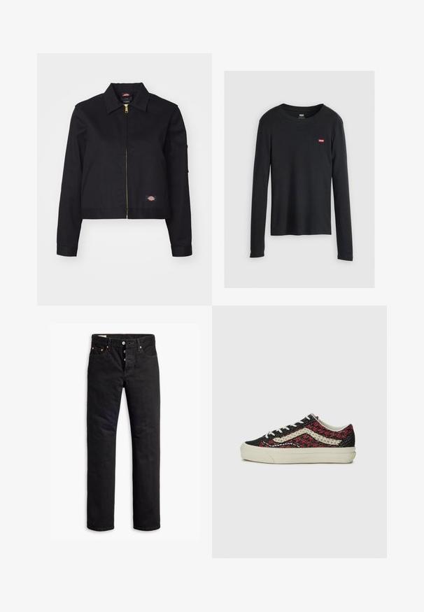 Schwarze kurz geschnittene Jacke aus robustem Stoff, mit einem Reißverschluss auf der Vorderseite, Seitentaschen und einem kleinen Logopatch auf der linken Seite.; Schwarzes Langarmshirt aus Baumwolle mit Rundhalsausschnitt und kleinem roten Levi's-Logo auf der linken Brustseite. Strukturierter Stoff.; Schwarze Denim-Jeans mit geradem Schnitt, Fünf-Taschen-Design und Knopfverschluss. Mit Kupfennieten und Nähtelementen.; Vans OLD SKOOL 36 UNISEX - Sneaker low - bordeaux