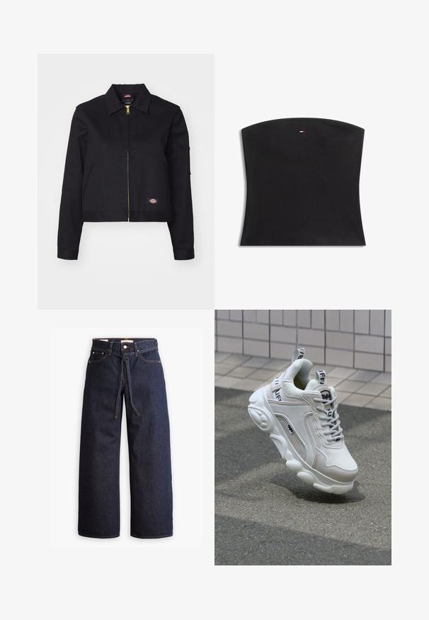 Zwarte kortgebroken jas van stevig materiaal, met een rits aan de voorkant, zijzakken en een klein logo-patch aan de linkerkant.; Zwart geribd strapless crop top met een klein rood-wit-blauw rechthoekig logo gecentreerd nabij de bovenrand.; Wijd pijpjes donkerblauwe denim jeans met een hoge taille, voorzien van een trekkoord, vijf zakken en contrasterende stiksels.; Witte sneaker van mesh en leer, met een ronde neus, dikke zool, opvallende veters en merklogo op de hak en tong.