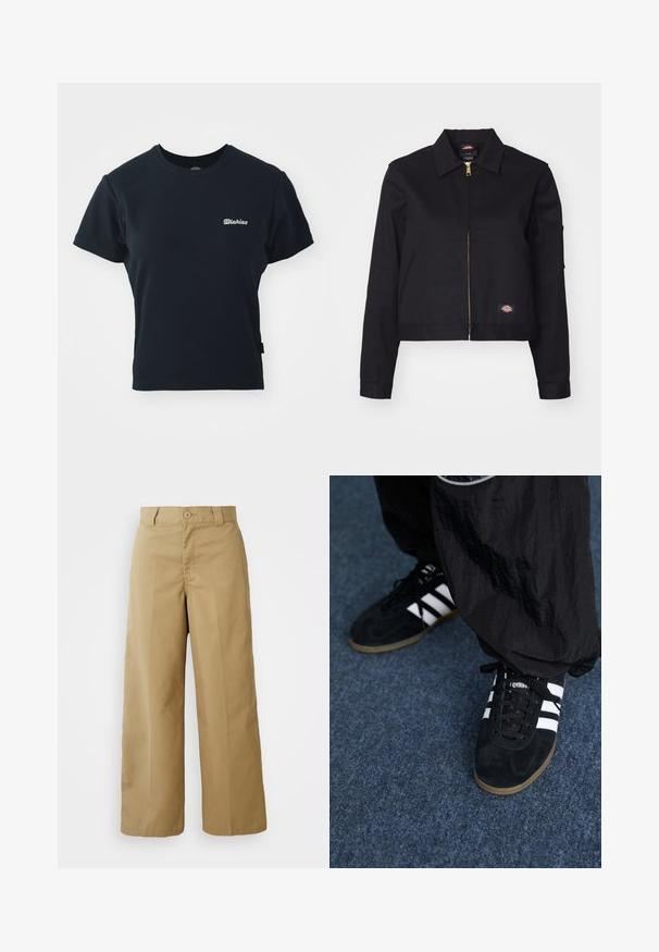 Schwarze kurz geschnittene Jacke aus robustem Stoff, mit einem Reißverschluss auf der Vorderseite, Seitentaschen und einem kleinen Logopatch auf der linken Seite.; Schwarzes Baumwoll-T-Shirt mit kurzen Ärmeln, Rundhalsausschnitt und kleinem weißen gesticktem Logo auf der Brust. Klassisches, tailliertes Design.; Beigeweite Hose aus einem Baumwoll-Mischgewebe, mit einem Knopfverschluss, Gürtelschlaufen und Fronttaschen.; Schwarze Wildleder-Sportschuhe mit drei weißen Streifen und schwarzen Schnürsenkeln. Eine strukturierte schwarze Hose ist teilweise neben den Schuhen sichtbar.