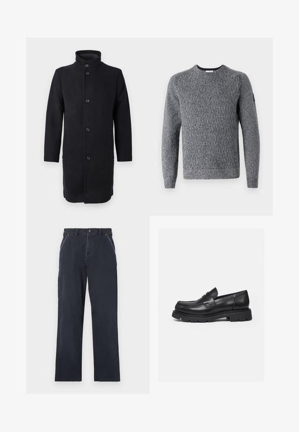 Lang sort frakke med høj krave, lavet af stof, med fem knapper foran og sidelommer. Klassisk lige skåret design.; TOM TAILOR STRUCTURED MULTICOLOR CREW NECK - Striktrøje - navy/multi coloured; Mørkeblå bomuldsbukser med lige ben-design. Har forlommer, knaplukning og synlige syninger.; Sort læderloafer med tyk rillede sål og penny-remdetalje, vist i højre sideprofil på hvid baggrund.