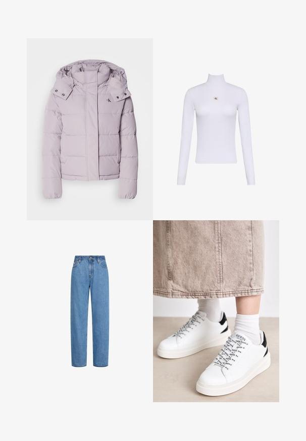 Veste doudoune lavande claire avec capuche amovible, fermeture éclair à l'avant et manches élastiquées. Présente un logo sur la poitrine et un design matelassé.; Haut blanc à manches longues avec col roulé et petit écusson du logo Calvin Klein centré sur la poitrine.; Jean denim bleu à jambes droites, taille haute, bouton frontal et poches, présenté sur un fond blanc.; Baskets blanches avec des accents noirs texturés au niveau du talon, un branding proéminent dans la zone des lacets, et une semelle épaisse et solide en caoutchouc.