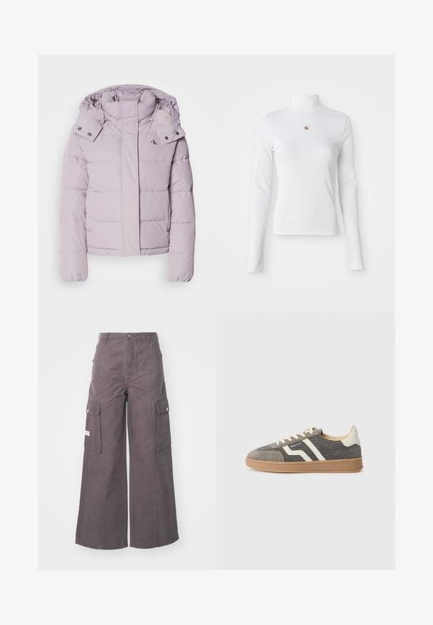 Licht lila pufferjack met een afneembare capuchon, rits aan de voorkant en elastische manchetten. Kenmerkt zich door een logo op de borst en een doorstikte design.; Witte turtleneck met lange mouwen, gemaakt van ribbelstof. Bevat een klein geborduurd logo in het midden. Aansluitend ontwerp zonder patronen.; Grijze wijde cargobroek van stevig materiaal, met vier grote zakken, een sluiting met knoop aan de voorkant en een relaxte pasvorm.; Grijze suède sneaker met een gestructureerd bovenwerk, voorzien van crèmekleurige strepen en veters, en een gumrubberen zool voor grip. Tijdloos atletisch ontwerp.