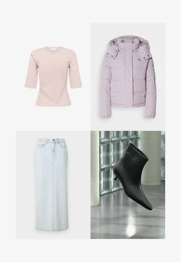 Veste doudoune lavande claire avec capuche amovible, fermeture éclair à l'avant et manches élastiquées. Présente un logo sur la poitrine et un design matelassé.; T-shirt rose clair à col rond, avec des manches trois-quarts, fabriqué dans un matériau doux, présentant une coupe ajustée et une texture lisse.; Jupe maxi en denim bleu clair avec un design droit, fermeture à boutons sur le devant et couture visible. Elle comporte deux poches avant.; Bottine en cuir noir à bout pointu et petit talon kitten, présentée en angle devant un sol poli et un mur en blocs de verre.